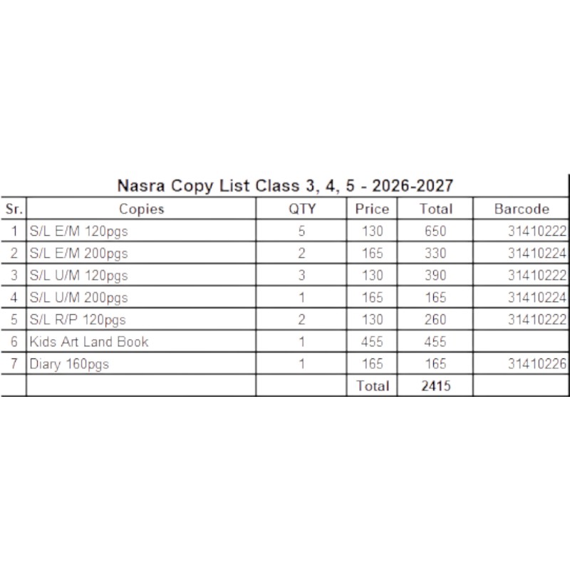 Nasra School Class 3-4-5 Copies Set