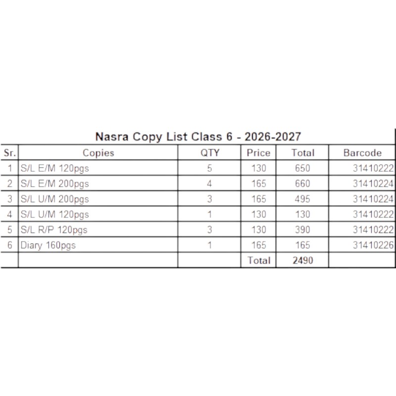 Nasra School Class 6 Copies Set