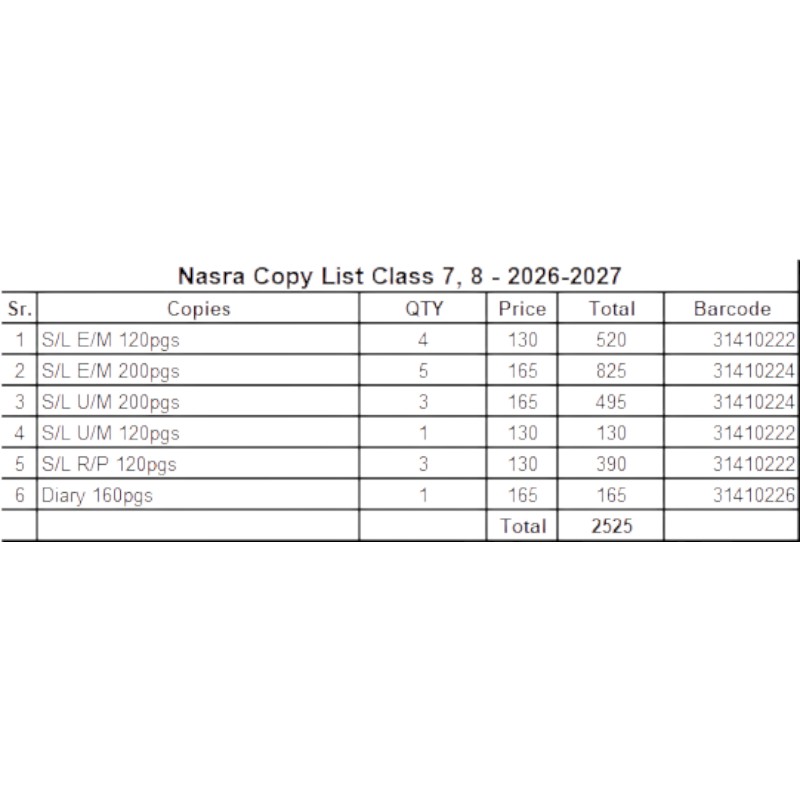 Nasra School Class 7-8 Copies Set
