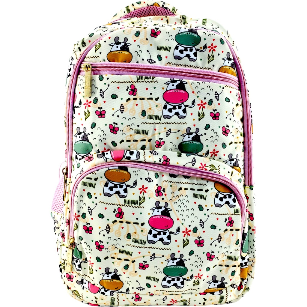Cow Printed School Bag - Yellow/Pink - Class - 1 - 2 ( IMPORTED )