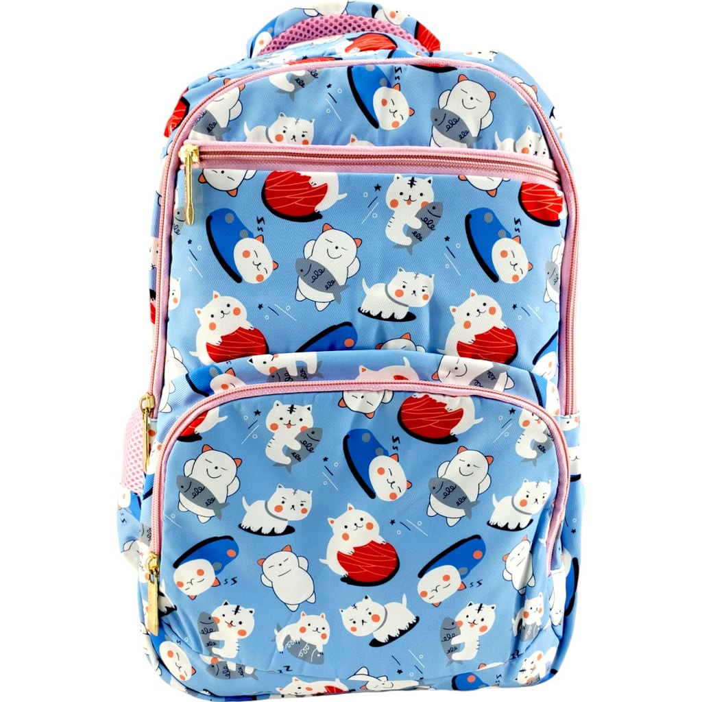Snow Cat Printed School Bag - Blue/Pink - Class - 1 - 2( IMPORTED )