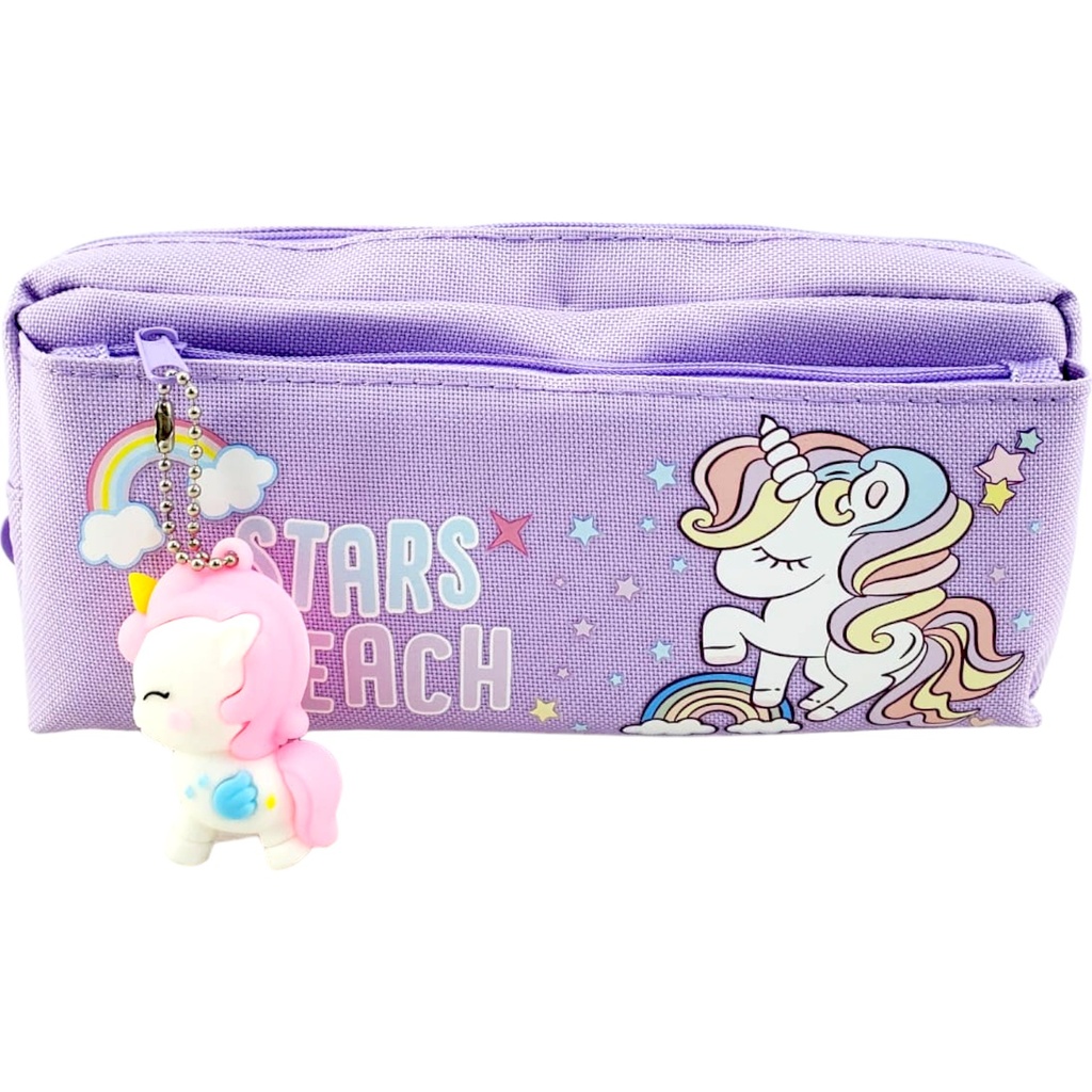 Stars Reach Unicorn Double Zipper Pencil Pouch - Purple - No. HR-2059