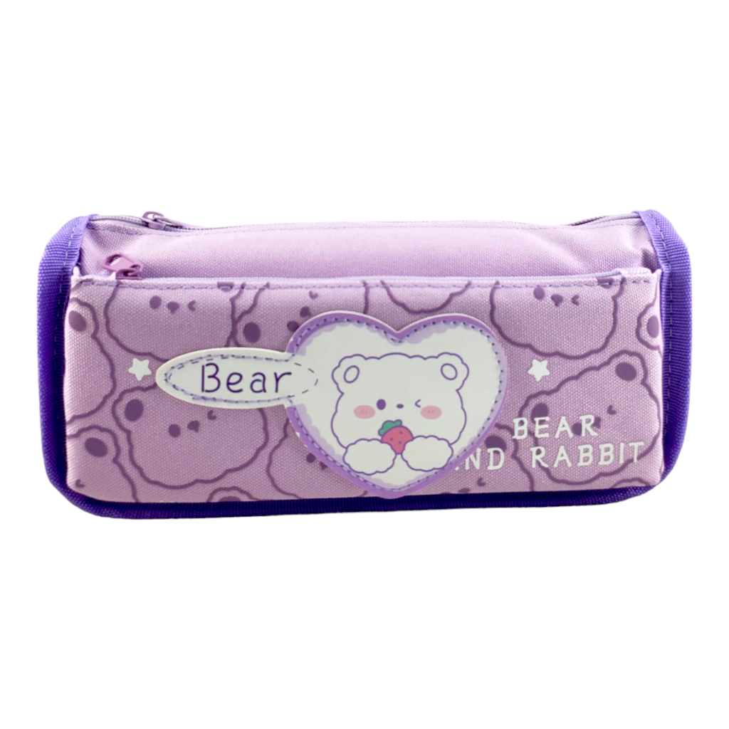 Cute Bear Double Zipper Pencil Pouch - No. 6603 - Purple