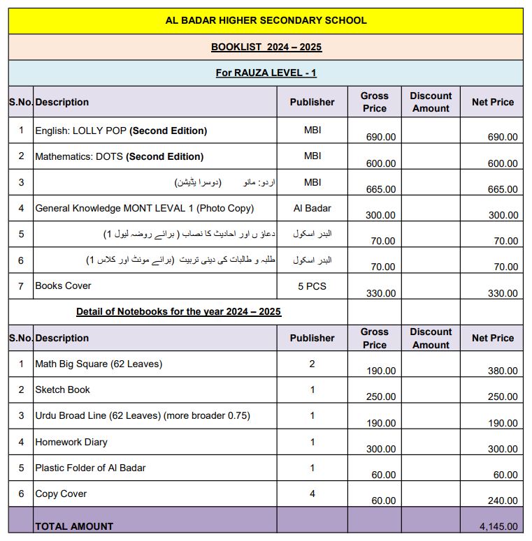 Al Badar Roza-Level 1 Set - Complete Books/Copies With Books & Copy Cover