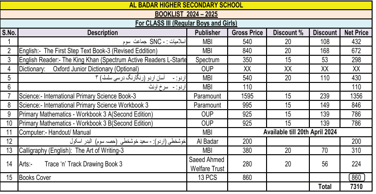 Al Badar Class 3 Books Set - Complete Books With Books Cover