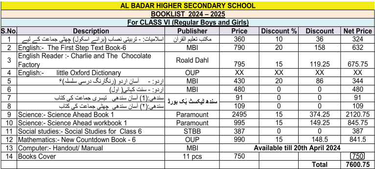 Al Badar Class 6 Books Set - Complete Books With Books Cover