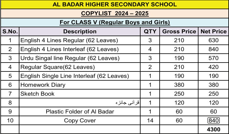 Al Badar Class 5 Copies Set With Copies Cover