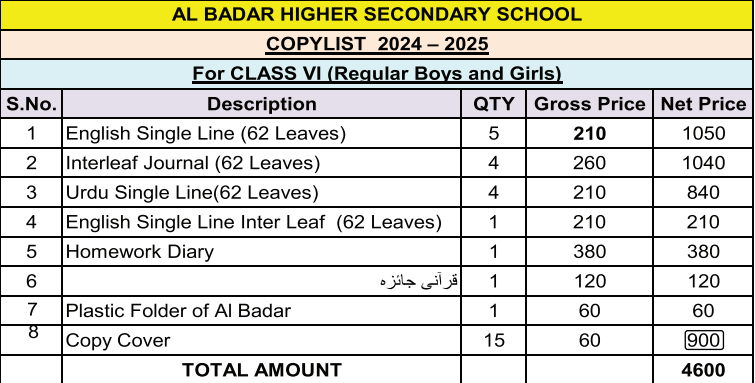 Al Badar Class 6 Copies Set With Copies Cover