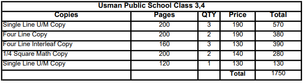 Usman Public School Copy Set Class 3-4