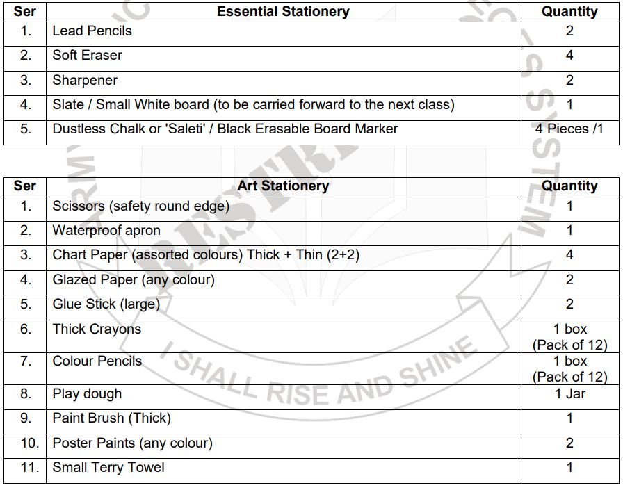 Army Public School Stage 1 Complete Stationery Sets