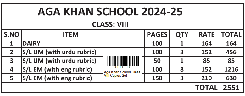 Aga Khan School Class VIII Copies Set