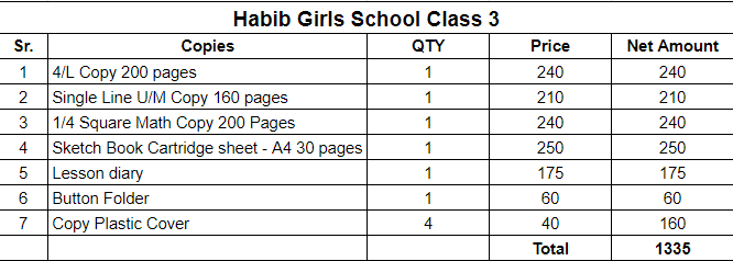Habib Girls School Class 3 Copies Set