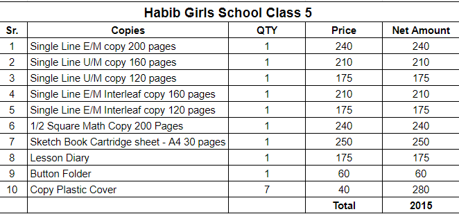 Habib Girls School Class 5 Copies Set