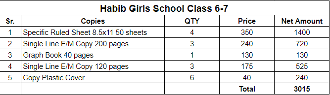 Habib Girls School Class 6-7 Copies Set