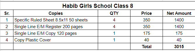 Habib Girls School Class 8 Copies Set