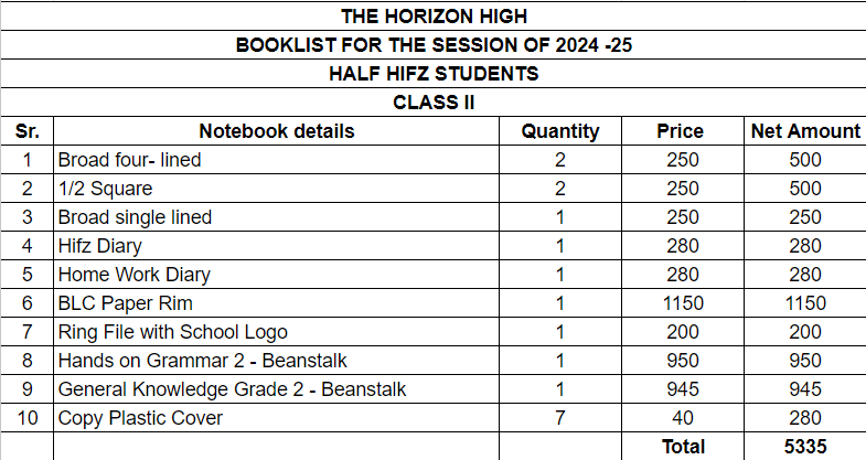 The Horizon School Half Hifz Class 2 Copies Set