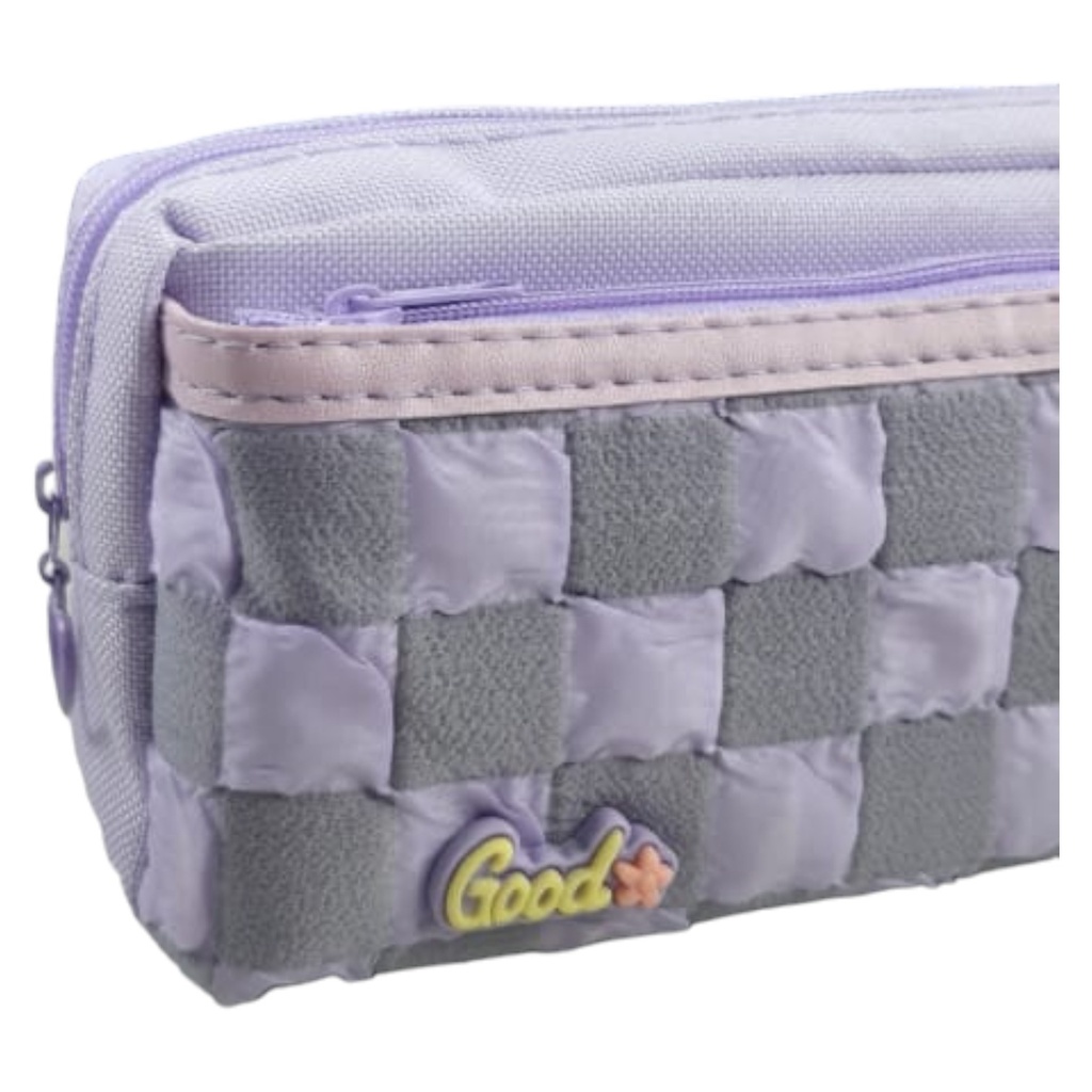 Check Double Zipper Pencil Pouch - Rabbit (Purple)
