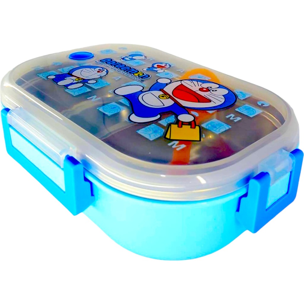 Doraemon Steel Lunch Box With Spoon - Double Compartment - Blue - A-3