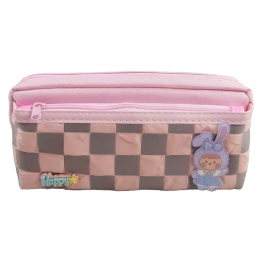 Check Double Zipper Pencil Pouch - Rabbit (Pink)