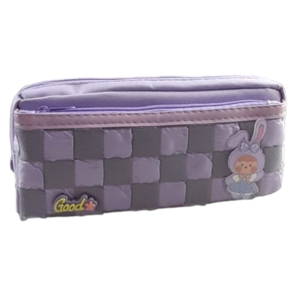 Check Double Zipper Pencil Pouch - Rabbit (Purple)