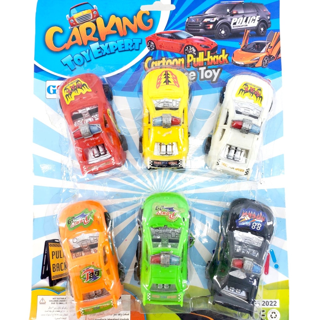 Cartoon Pully Back Car Toy - Pack of 6 - No. GT2022