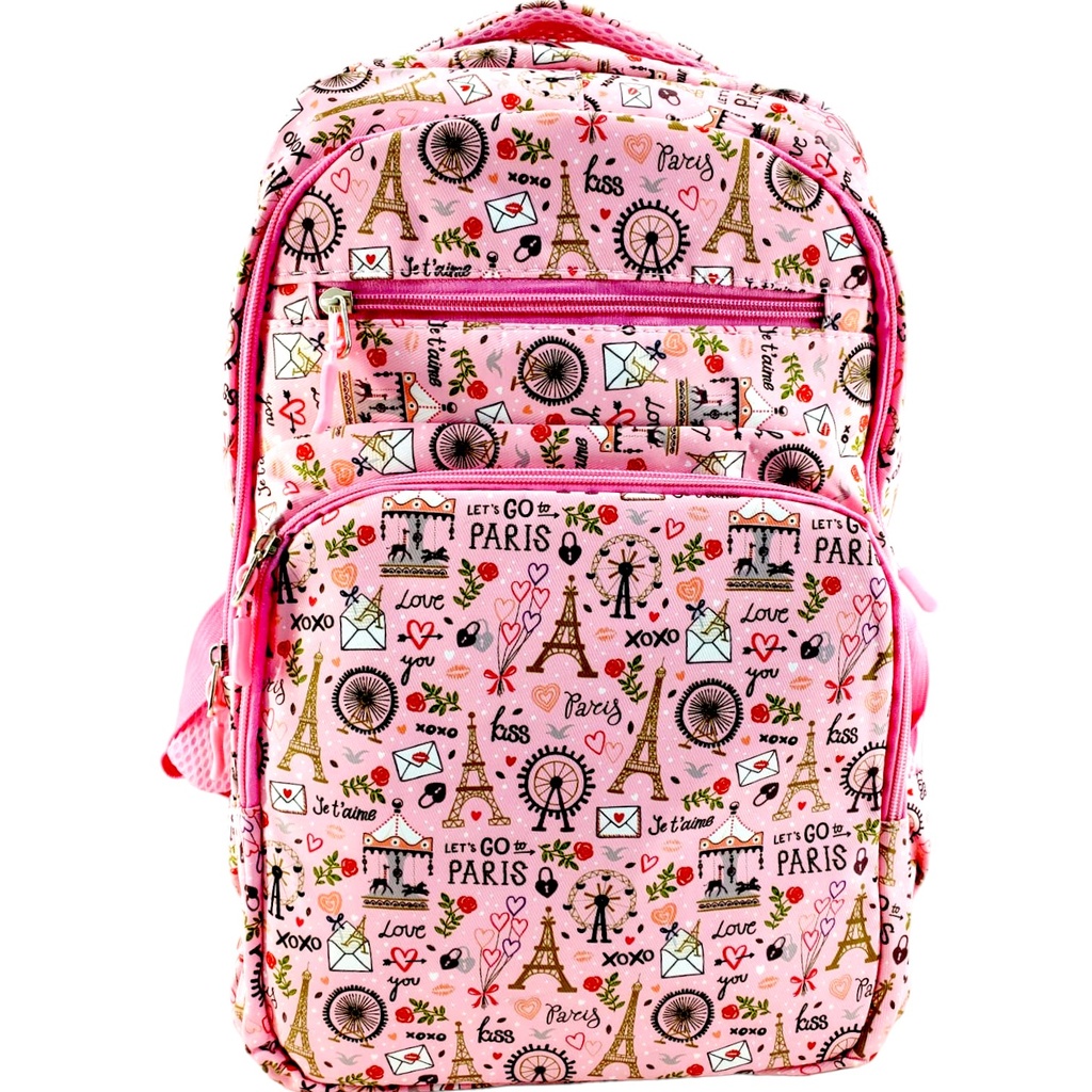Paris Printed School Bag - Pink - Class - 1 - 2( IMPORTED )