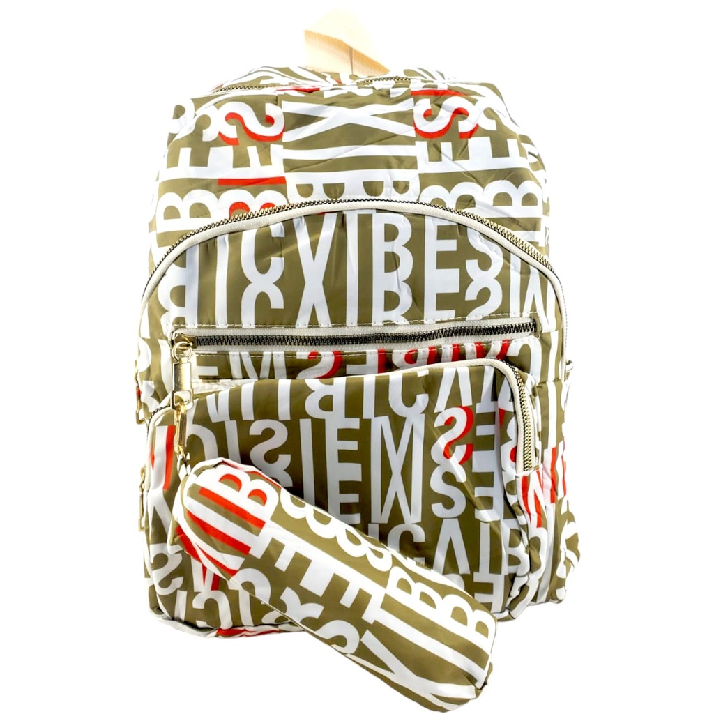 Text Design College Bag - Green/White - No. 9028( IMPORTED )