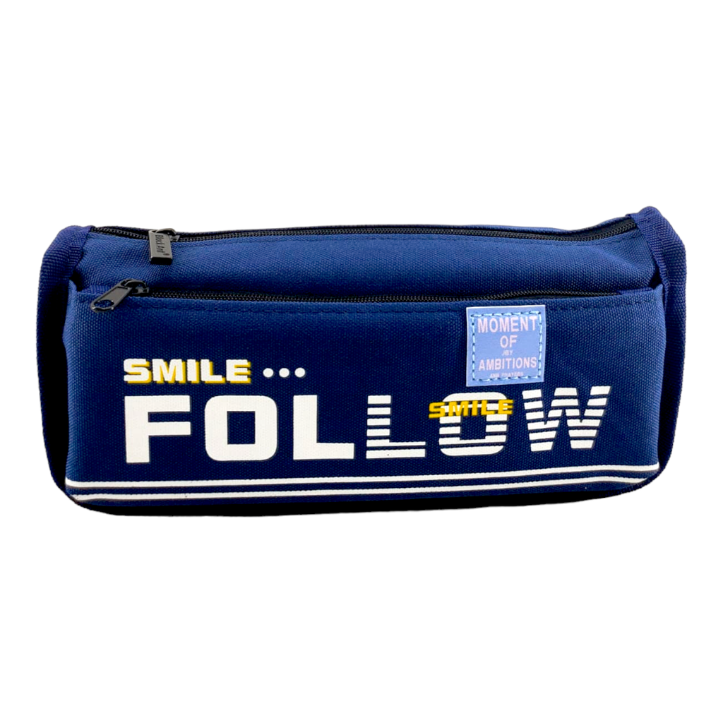 Smile Follow Double Zipper Pencil Pouch - No. 6601 - Dark Blue