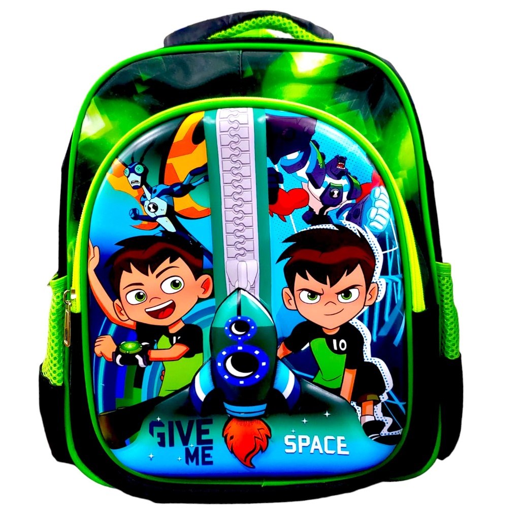 Ben-10 Emboss Pre-Primary School Bag - 13 Inch - Green - Space