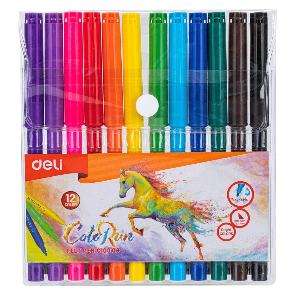 Deli Washable Marker Felt Pen 12 Colours - C100 03