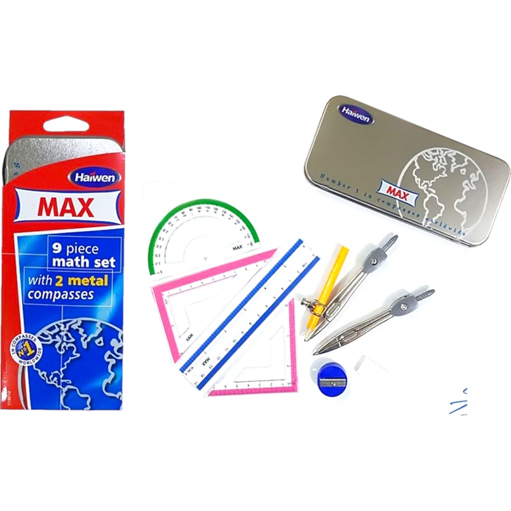 Geometry Set With 2 Metal Compasses - 9 Pieces - Max